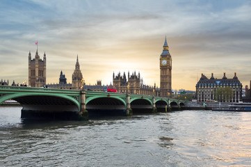 Fototapeta na wymiar Houses of Parliament, Big Ben and Westminster bridge at sunset, London, UK