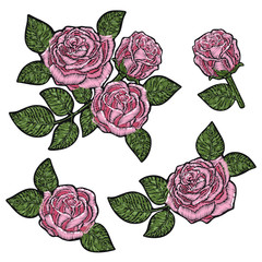 Embroidery pattern texture, wallpaper, background with beautiful pink roses. Vector floral ornament on black background. Template for printing, textiles, design. Patch, badge sticker