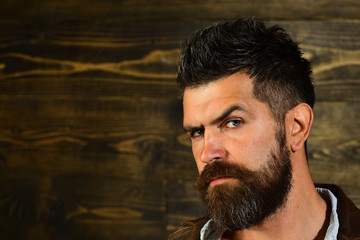 Man with beard and mustache on wooden background. Haircut of bearded man, archaism. Fashion and male beauty of graying man. Barber and hairdresser salon. Serious hipster in barbershop, look.
