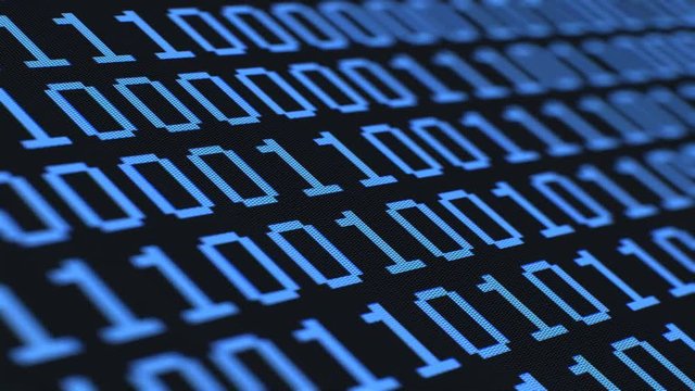 Moving close up on randomized binary 1s and 0s flicker and cycle on and off via a blue pixelated LCD screen. Macro, 60fps.