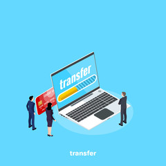 plastic card inserted in the laptop and people in business suits, isometric image