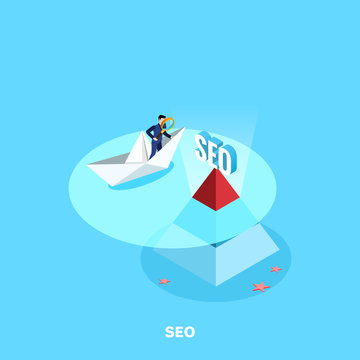 a man in a business suit with a magnifier on a paper boat and a pyramid top with an inscription sticking SEO out of the water, an isometric image