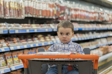 A cute boy dressed in a plaid shirt in a supermarket in a trolley. Against the background of shelves with meat products and sausages.