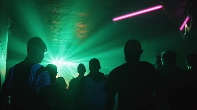 people dance at a concert in a nightclub, light-music, smoke, backlight