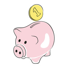The coin falls into the piggy bank. Vector illustration on a business theme.