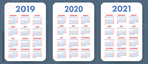 &quot;Pocket calendar 2019, 2020, 2021 set. Basic simple template. Week starts on Sunday&quot; Stock image ...
