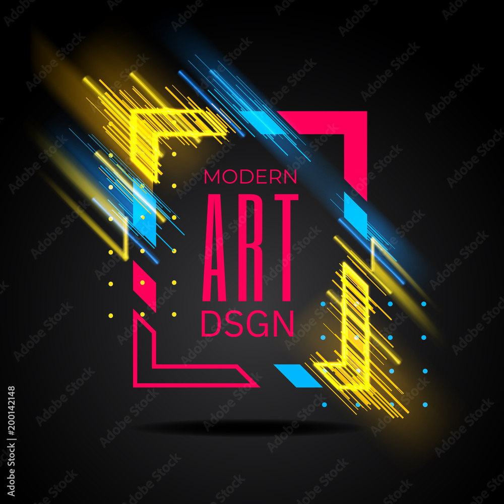 Poster vector modern frame with geometric neon glowing lines isolated on black background. art graphics wit