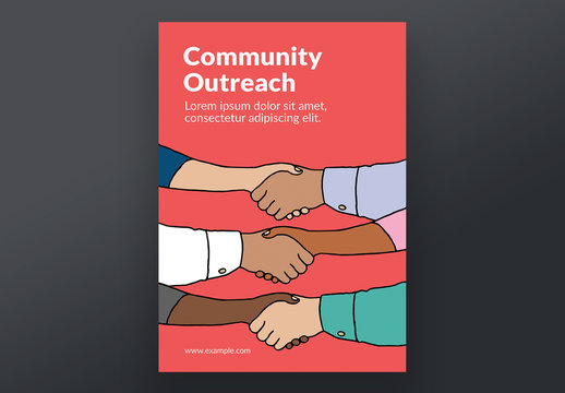 Community Outreach Poster Layout with Shaking Hands Illustration