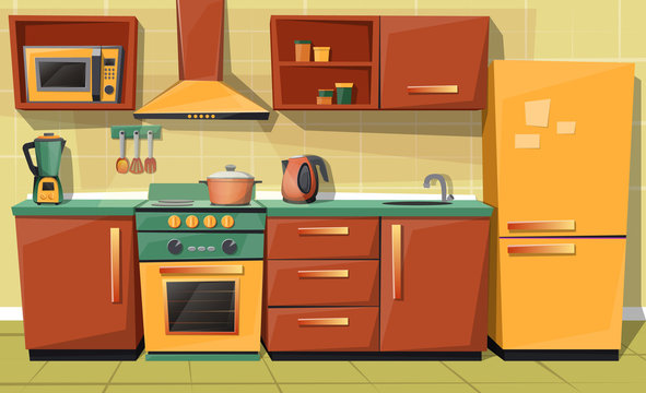 Vector cartoon set of kitchen counter with appliances - fridge, microwave oven, kettle, blender, stove with exhaust. Cupboard, furniture with utensil. Household objects, cooking room interior