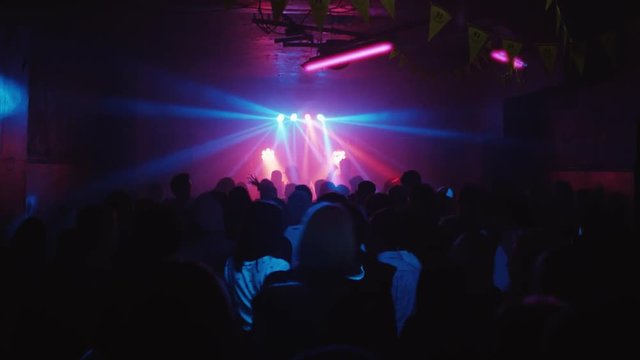people dance at a concert in a nightclub, light-music, smoke, backlight