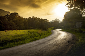 Winding country road at sunset in Asturias, Spain