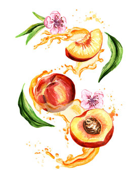 Juice splash with peach fruits, leaves and flowers. Watercolor hand drawn illustration, isolated on white background