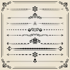 Obraz premium Vintage set of decorative elements. Horizontal separators in the frame. Collection of different ornaments. Classic pattern. Set of vintage patterns