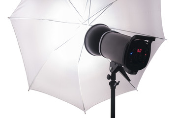 Photo studio strobe flash with umbrellas - obrazy, fototapety, plakaty