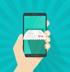 Receipt bill on smartphone vector illustration, flat cartoon paper invoice on mobile phone, cellphone electronic check on hand, internet digital banking concept, online tax payment