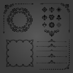 Vintage set of horizontal, square and round elements. Different elements for decoration design, frames, cards, menus, backgrounds and monograms. Classic patterns. Set of vintage patterns