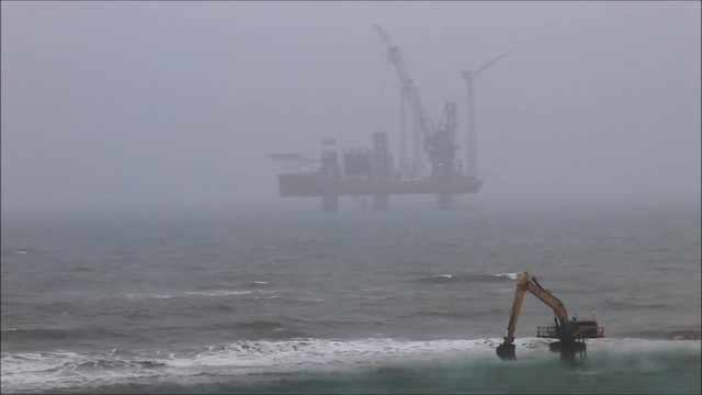 First wind turbine installed in waters off the coast of Aberdeen. Balmedie, Aberdeenshire, UK. April 10th 2018 