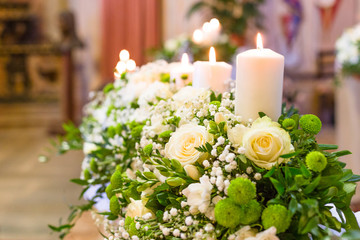 Beautiful flower wedding decoration in a church