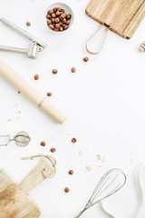 Food ingredients on white background. Flat lay, top view.