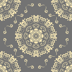 Floral round golden ornament. Seamless abstract classic background with flowers. Pattern with repeating elements