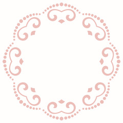 Oriental round pink frame with arabesques and floral elements. Floral fine border with vintage pattern. Greeting card with place for text
