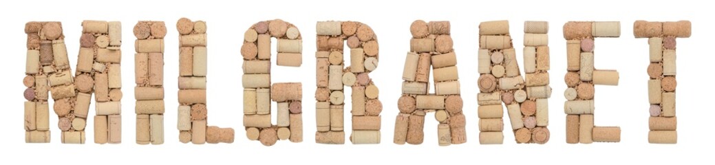 Grape variety Milgranet made of wine corks Isolated on white background