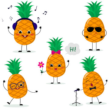 A set of five pineapples Smiley in different poses in a cartoon style.