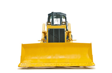 Bulldozer loader machine for earthmoving works on white