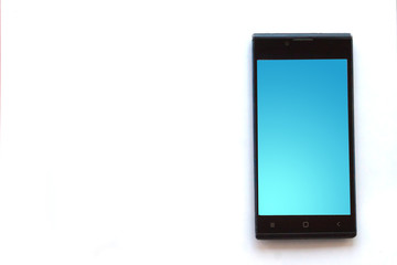 layout for cutting and pasting A black smartphone with blue blank screen on isolated white background