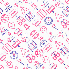 Location seamless pattern with thin line icons: pin, pointer, direction, route, compass, wall needle, cursor, navigation, gps, binoculars. Modern vector illustration.