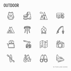 Fototapeta premium Outdoor thin line icons set: mountains, backpack, uncle boots, kettle, axe, map, swiss knife, canoe, camera, fishing rod, binoculars. Modern vector illustration.