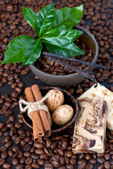 Spa still life with coffee beans on dark  background