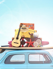 Car with luggage on the roof ready for summer vacation 3D Rendering