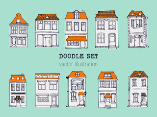 Hand drawn European city houses set in cute cartoon style. Colorful modern townhouse building sketch. Old houses, City buildings, decorative elements collection. Creative vector illustration.
