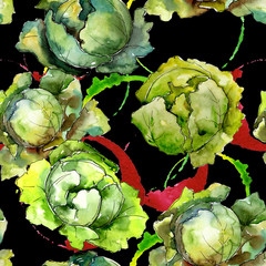 Green cabbage vegetables  in a watercolor style pattern. Full name of the vegetablles: cabbage. Aquarelle vegetables for background, texture, wrapper pattern or menu.