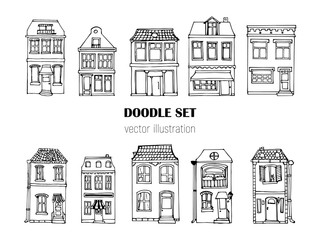Hand drawn European city houses set in cute cartoon style. Colorful modern townhouse building sketch. Old houses, City buildings, Doodle decorative elements collection. Creative vector illustration.