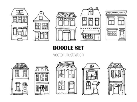 Hand Drawn European City Houses Set In Cute Cartoon Style. Colorful Modern Townhouse Building Sketch. Old Houses, City Buildings, Doodle Decorative Elements Collection. Creative Vector Illustration.