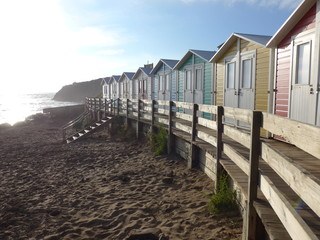 Beach huts in evening light.