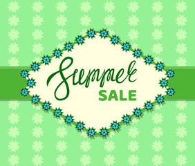 Summer sale banner. The frame is decorated with flowers. Vector illustration.