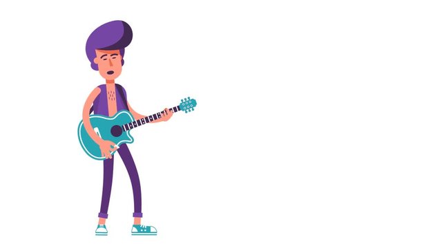 Rock singer playing on acoustic guitar and sing. Looped Animation 2D cartoon character with alpha channel