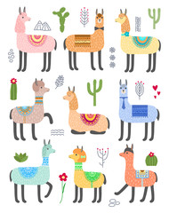 Set of cute llamas. Vector animal illustration. Alpacas and cacti.