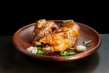 Stew leg pork on a beautiful clay plate.
