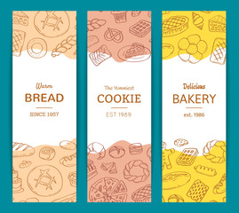 Vector vertical web banner templates with hand drawn doodle bakery elements and place for text