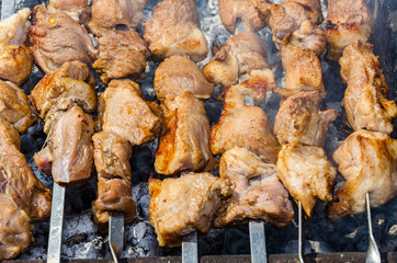 Fresh hot shish kebab on lamb and pork charcoal