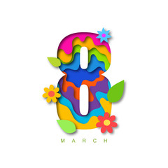 Paper cut 8 march shape 3D design.  Template for international womens day and greeting card backgrounds. Colorful vector illustration.
