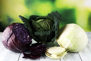 Three fresh organic cabbage heads. Antioxidant balanced diet eating with red cabbage, white cabbage...