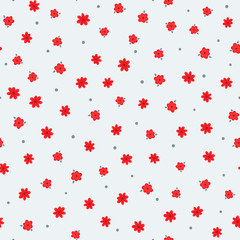 Repeated cute flowers with leaves and round dots. Floral seamless pattern. Endless print.