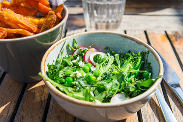 Lunch with Salad from grilled Broccoli and Baked Sweet Potato Fries