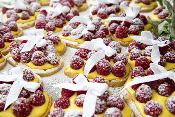 heart-shaped raspberry pies and custard
