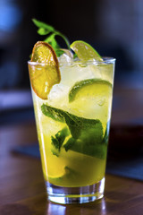 Freshly made lemonade with mint, ice cube and lime